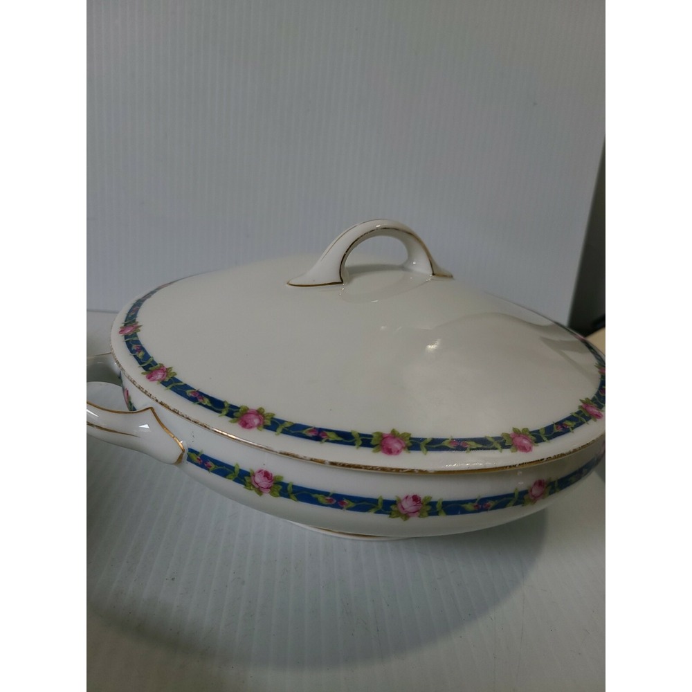 J & C TRIANON Bavaria Round Covered Serving Dish Bowl Pink Roses Blue Ribbon